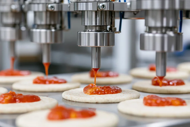 Robotic nozzles dispensing tomato sauce onto pizza dough on a conveyor in a factory