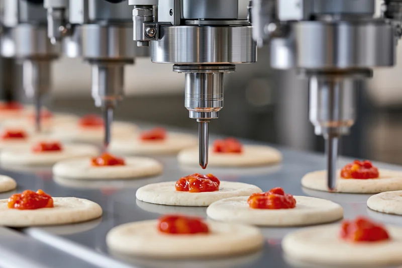 Robotic nozzles dispensing tomato sauce onto pizza dough on a conveyor belt in a factory
