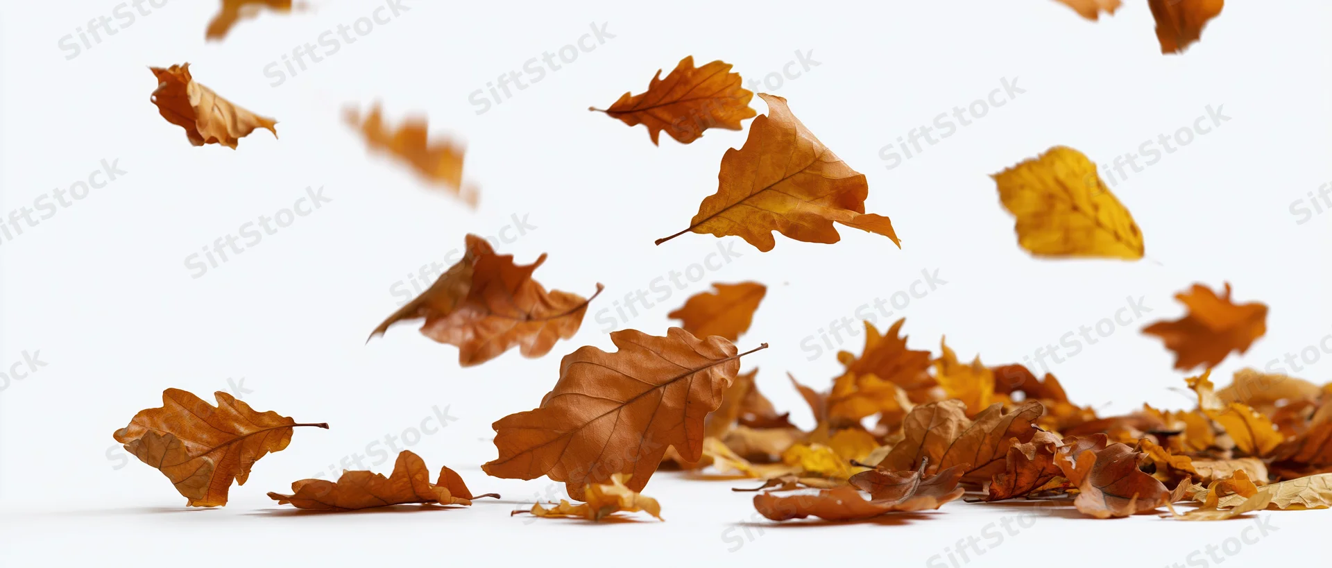 Autumn leaves falling and scattered on a white surface