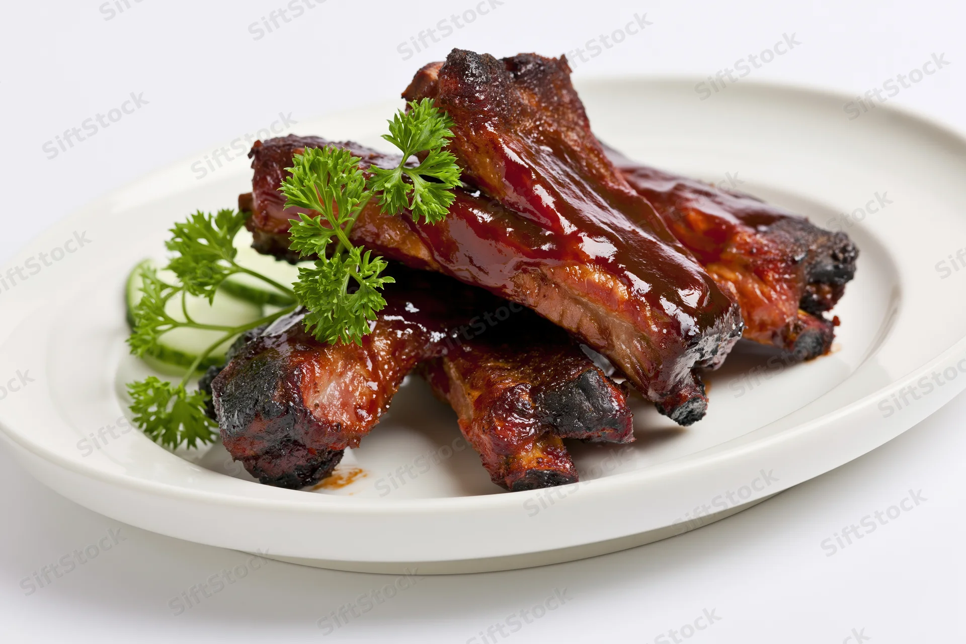 Glazed pork ribs with parsley and cucumber on a white plate