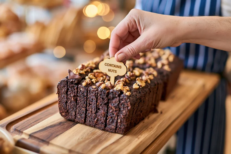 Baker placing wooden allergen label on chocolate walnut cake in bakery display