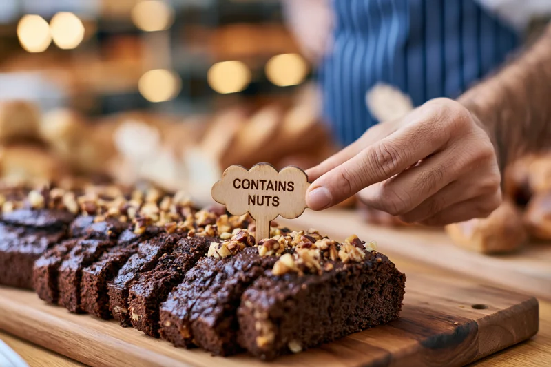 Bakery worker placing wooden allergen label on chocolate cake slice on wooden board