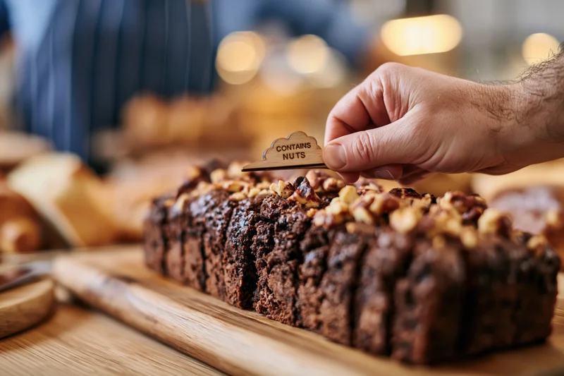 Baker placing wooden allergen label on chocolate walnut loaf in bakery display