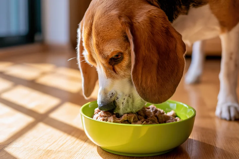 Beagle eating wet food from a lime green bowl on a hardwood floor in sunlight