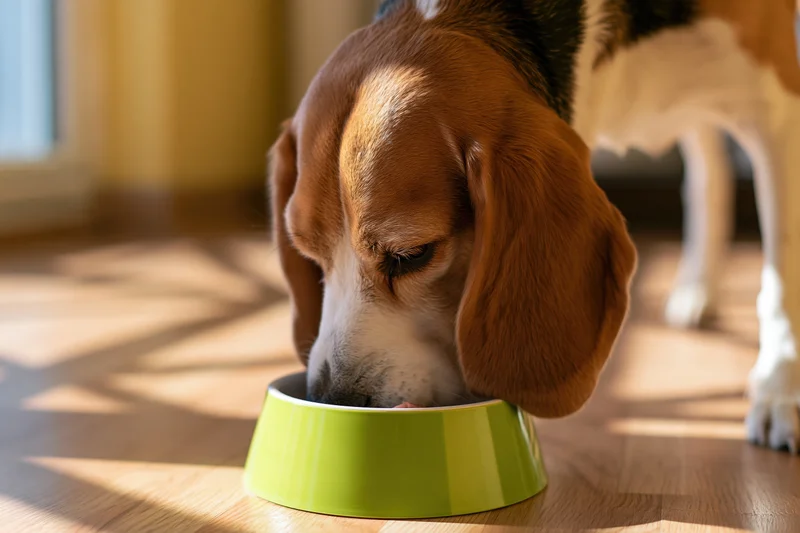 Beagle eating from a lime green bowl on a hardwood floor indoors