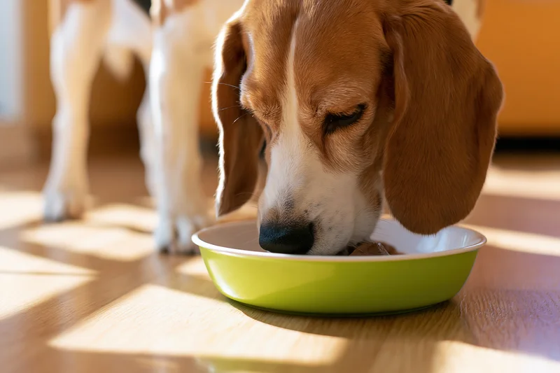 Beagle eating from a lime green bowl on a hardwood floor