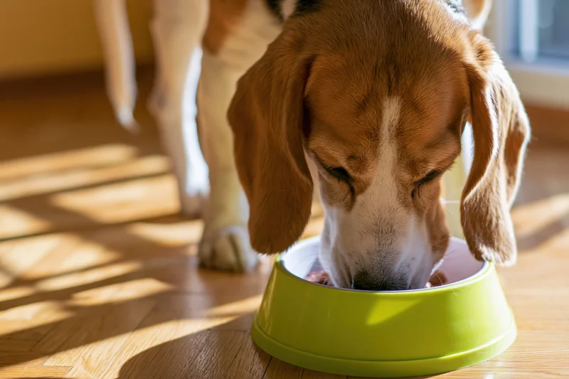 Beagle eating from a lime green bowl on a hardwood floor