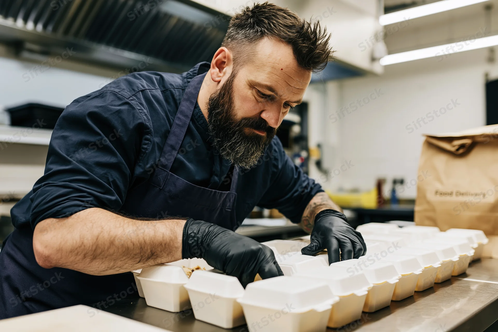 Bearded chef assembling takeout containers in a commercial kitchen