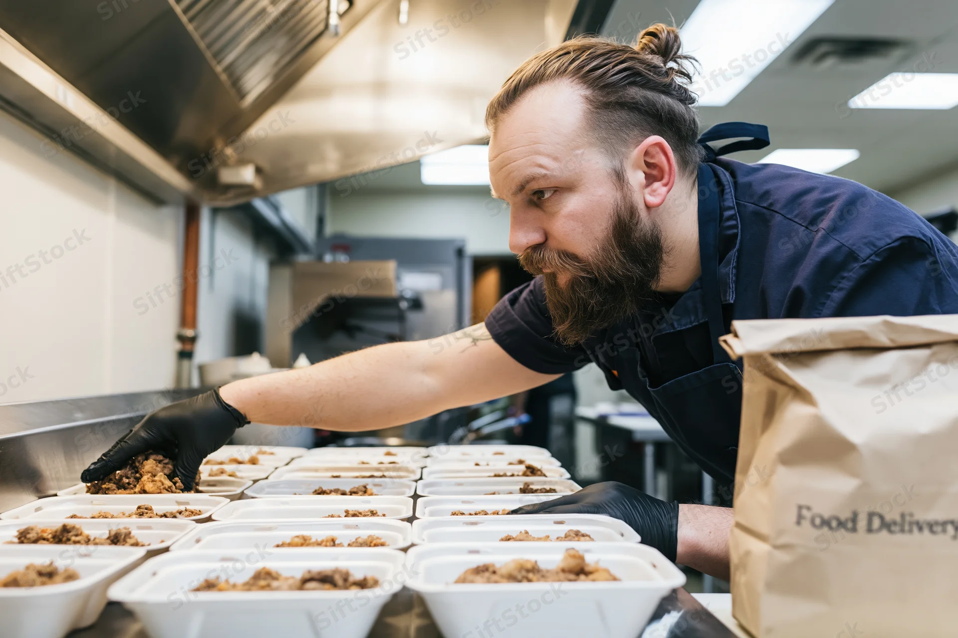 Chef filling white meal containers in a commercial kitchen with a food delivery bag nearby