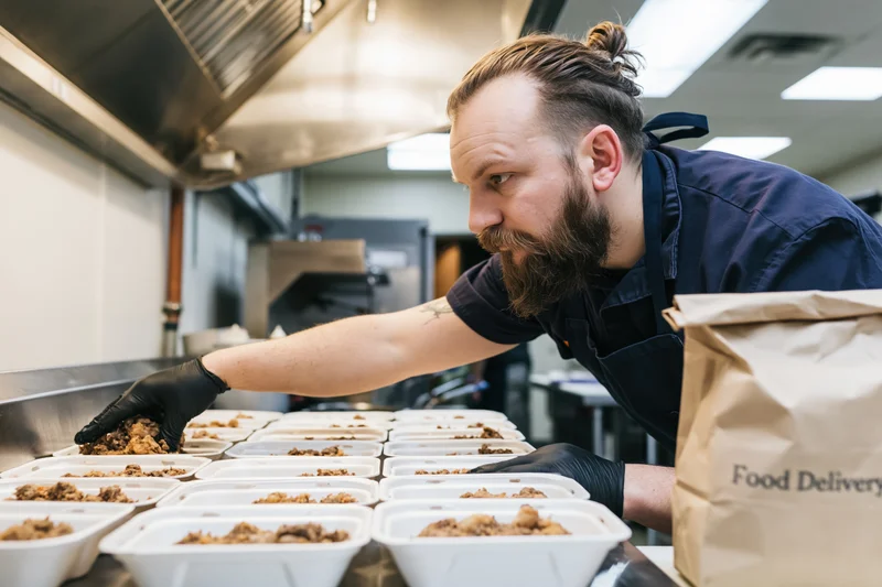 Chef filling white meal containers in a commercial kitchen with a food delivery bag nearby
