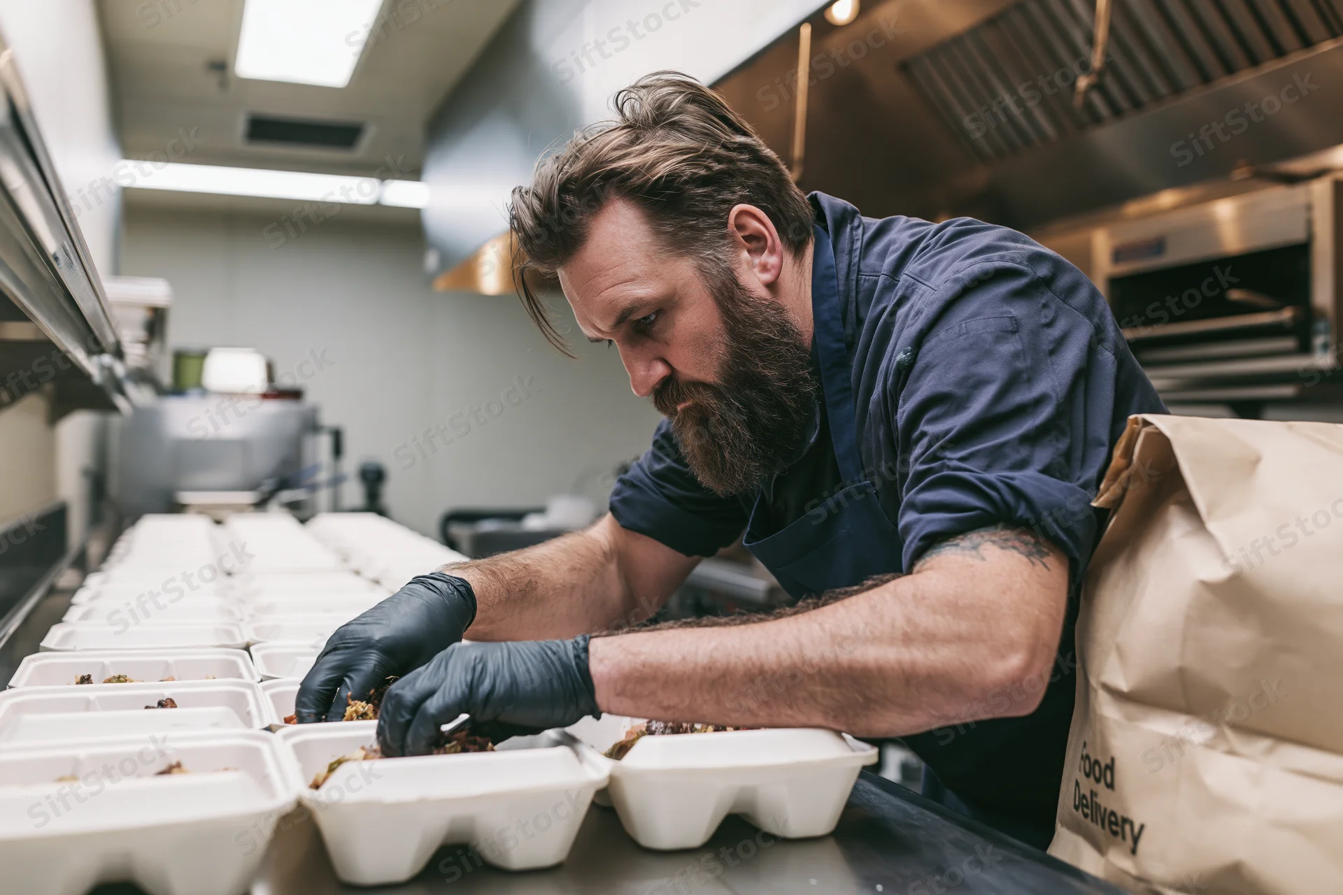 Bearded chef filling white takeout containers in commercial kitchen with delivery bag nearby