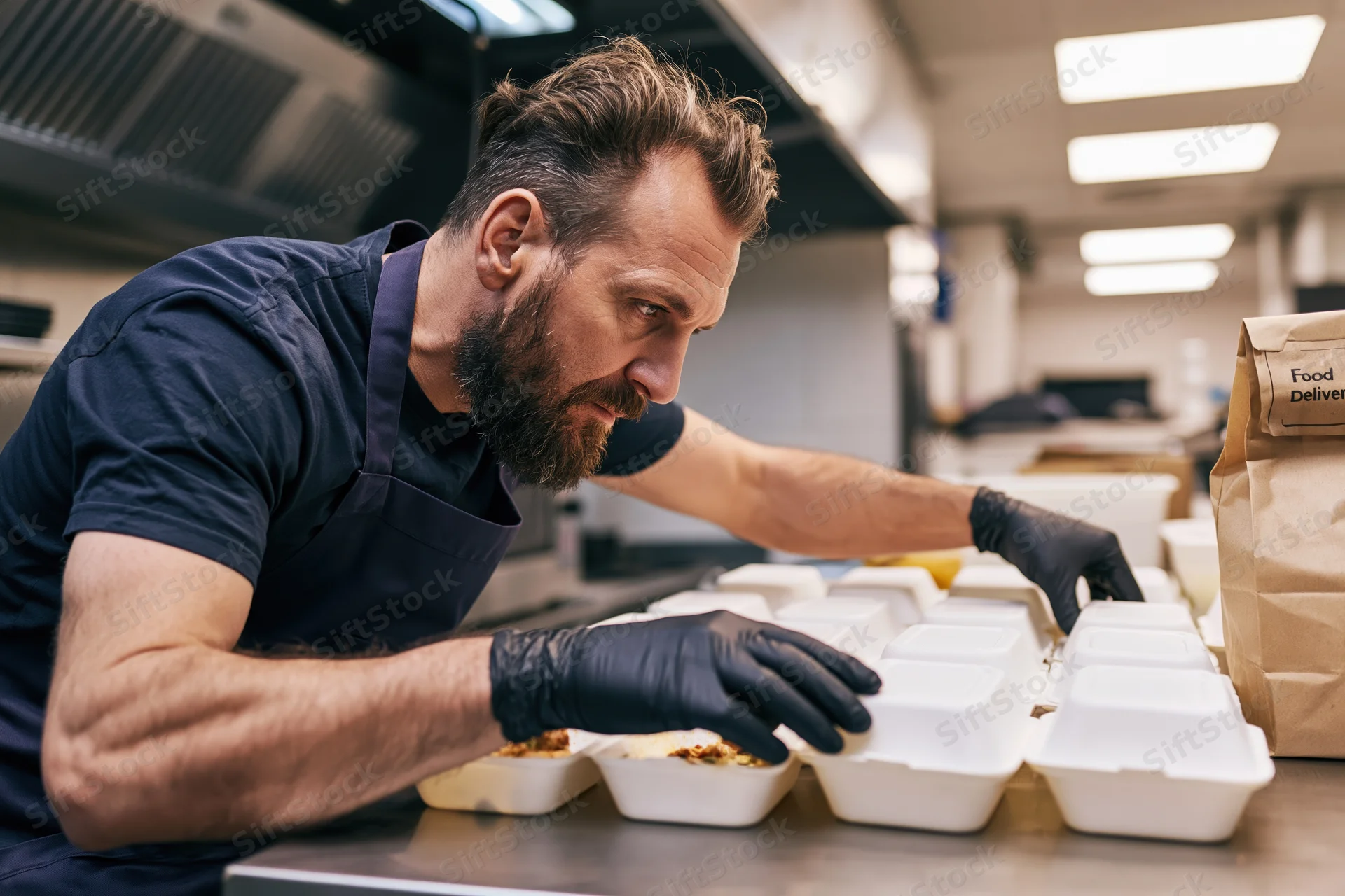 Chef packing meals into white containers on stainless steel counter in commercial kitchen