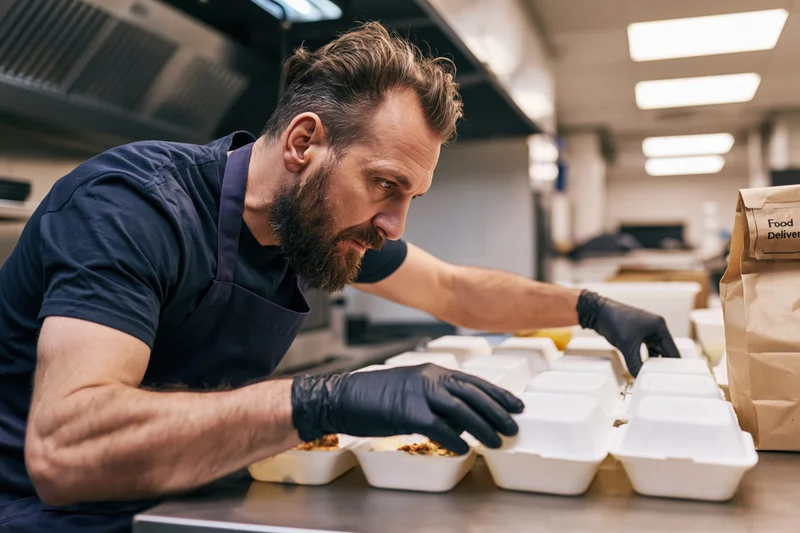Chef packing meals into white containers on stainless steel counter in commercial kitchen