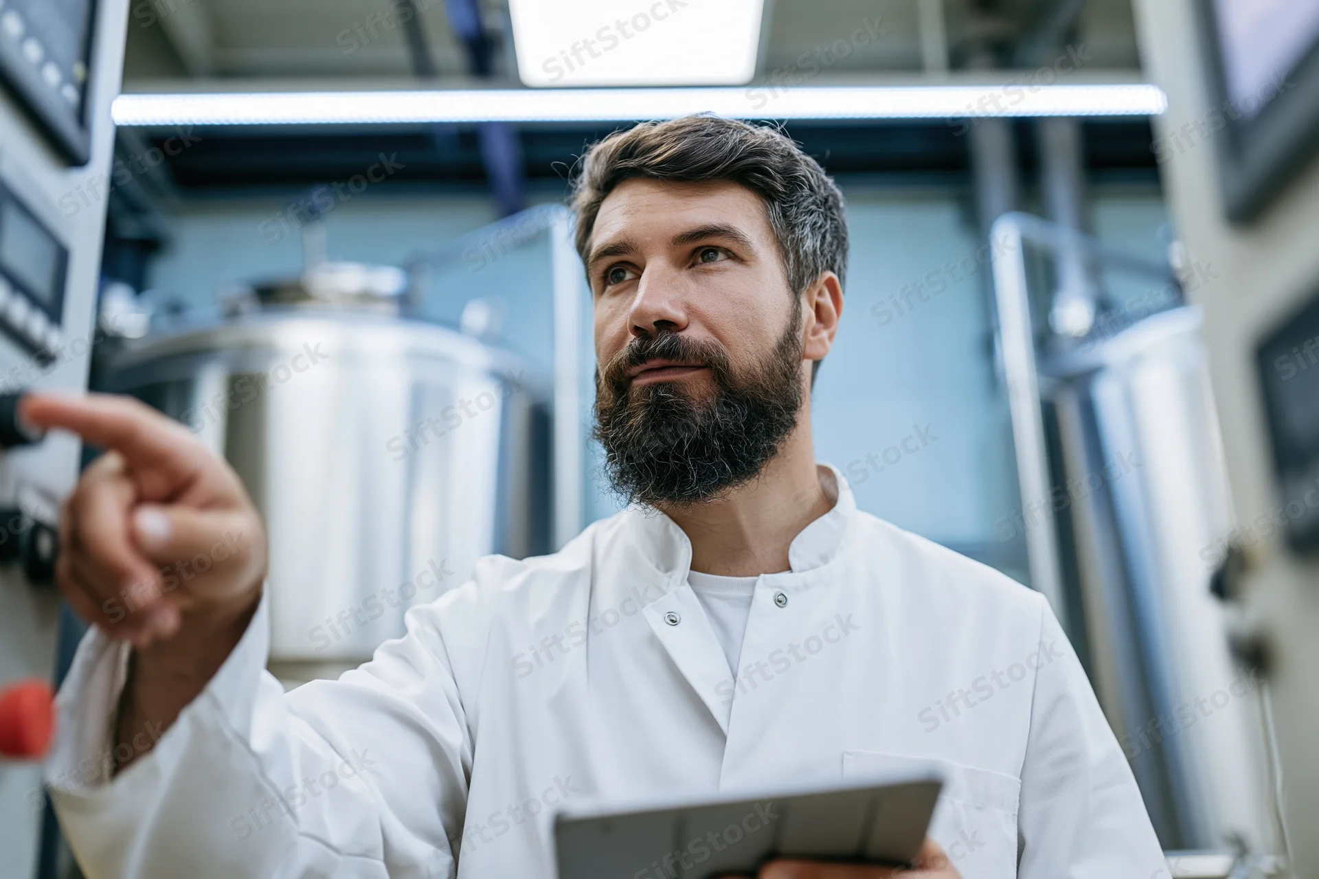 Bearded male technician in white lab coat holding tablet and pointing at control panel in brewery