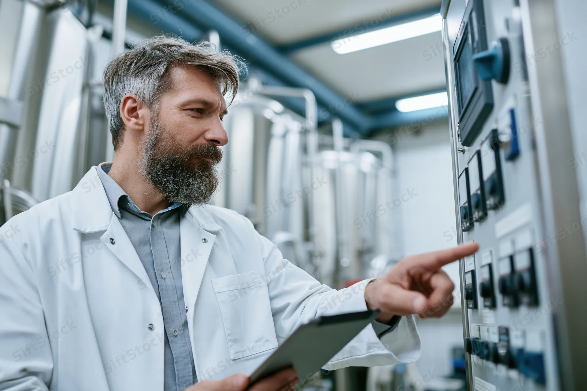Bearded male technician in white lab coat holding tablet and pointing at control panel in factory