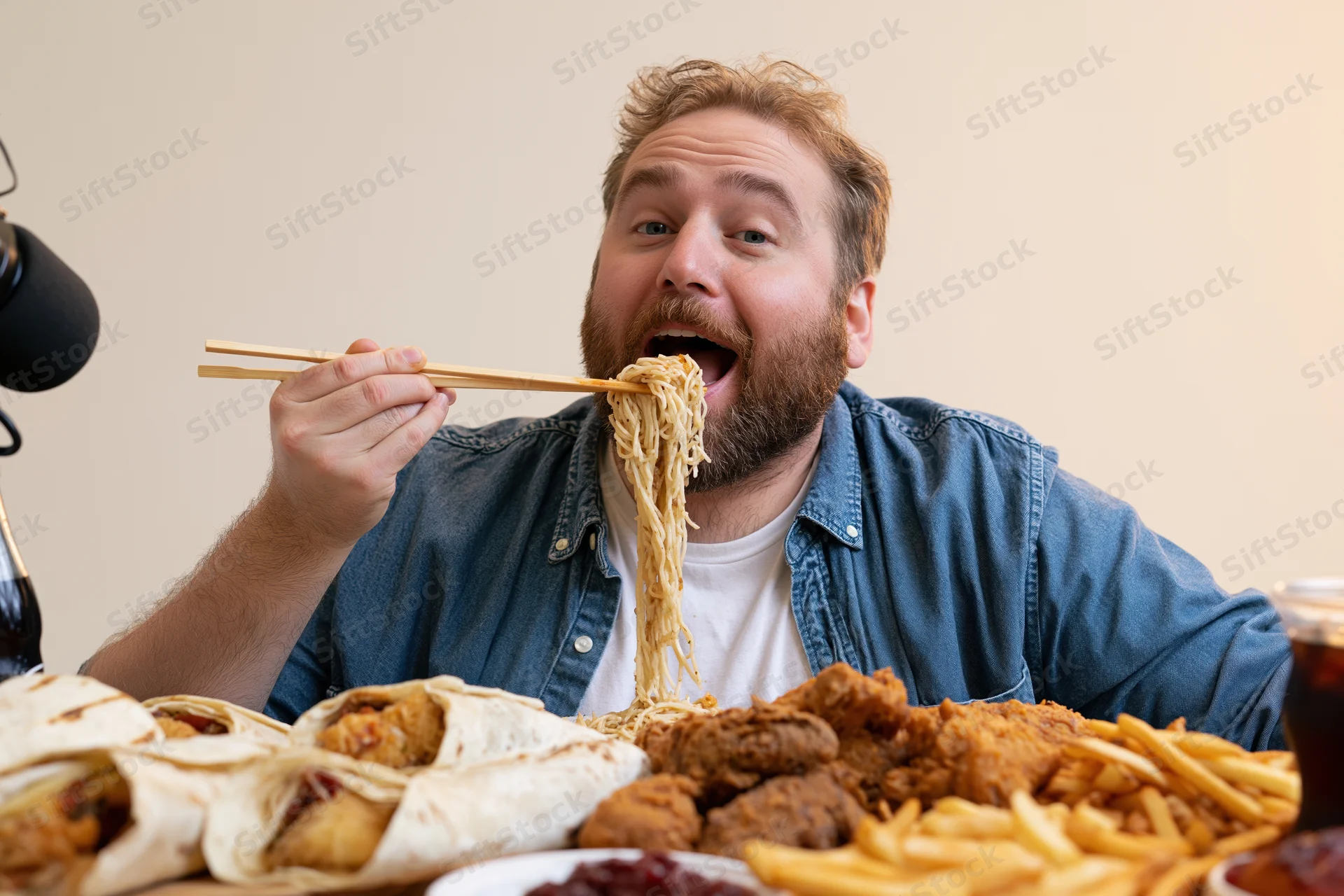 Bearded man lifting noodles with chopsticks toward his open mouth at a table filled with fast food