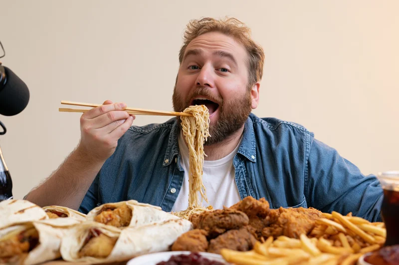 Bearded man lifting noodles with chopsticks toward his open mouth at a table filled with fast food
