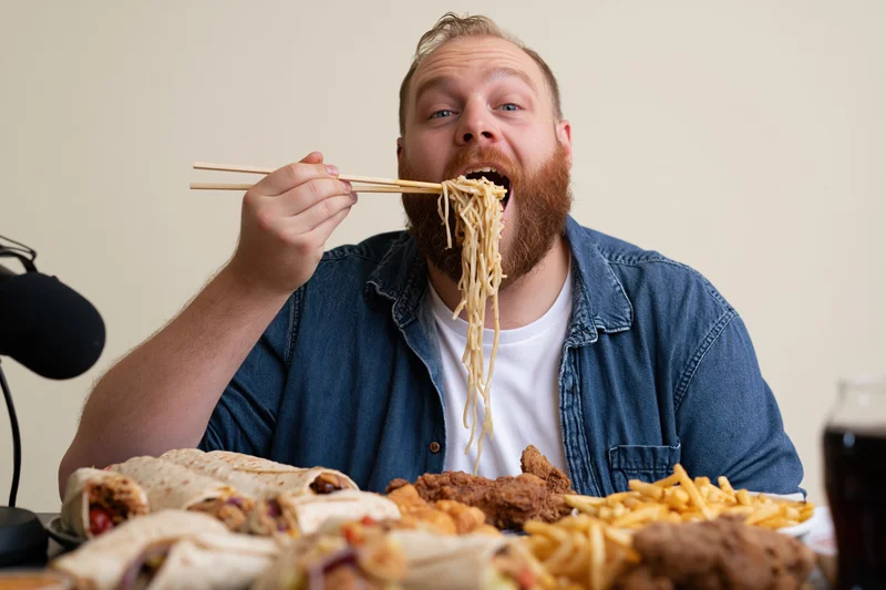 Bearded man eating noodles with chopsticks at a table full of fast food