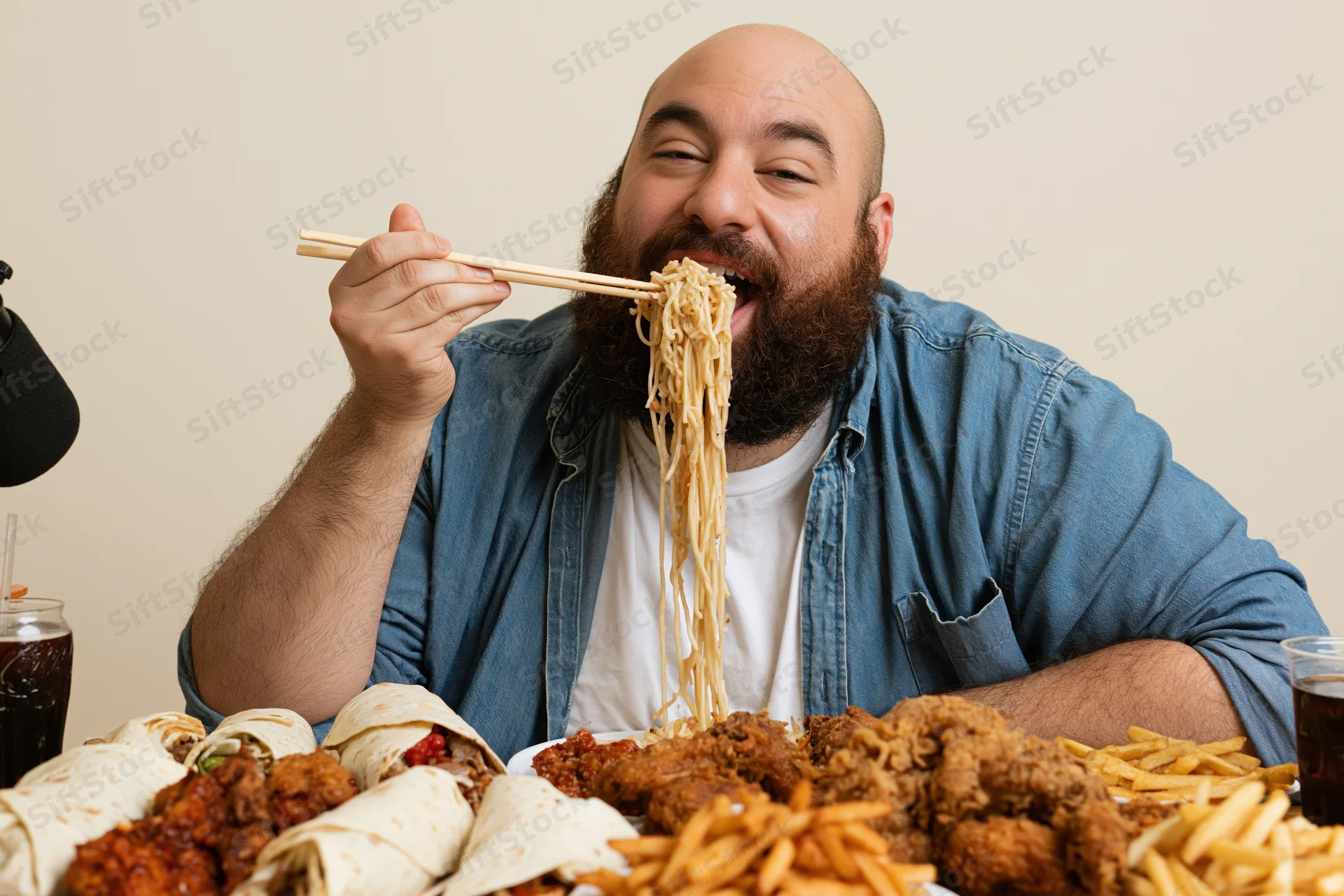 Bearded man lifting noodles with chopsticks toward his mouth at a table filled with food