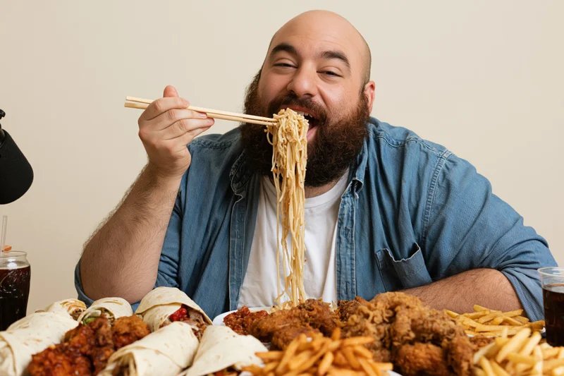 Bearded man lifting noodles with chopsticks toward his mouth at a table filled with food
