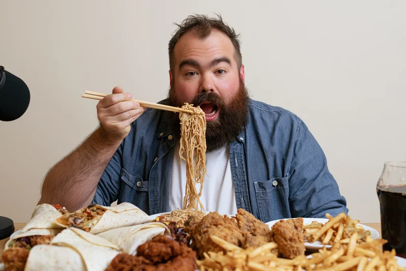 Bearded man lifting noodles with chopsticks toward his open mouth at a table filled with food