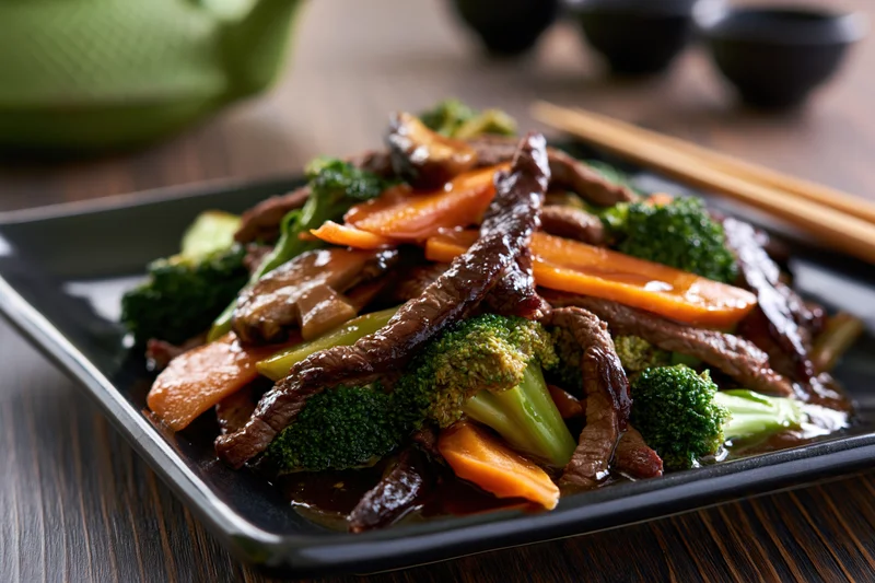 Beef and vegetable stir-fry served on a square black ceramic plate with chopsticks on a wooden table