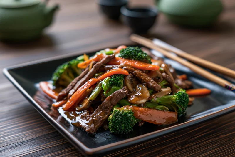 Beef and vegetable stir-fry on a square black ceramic plate with chopsticks on a wooden table