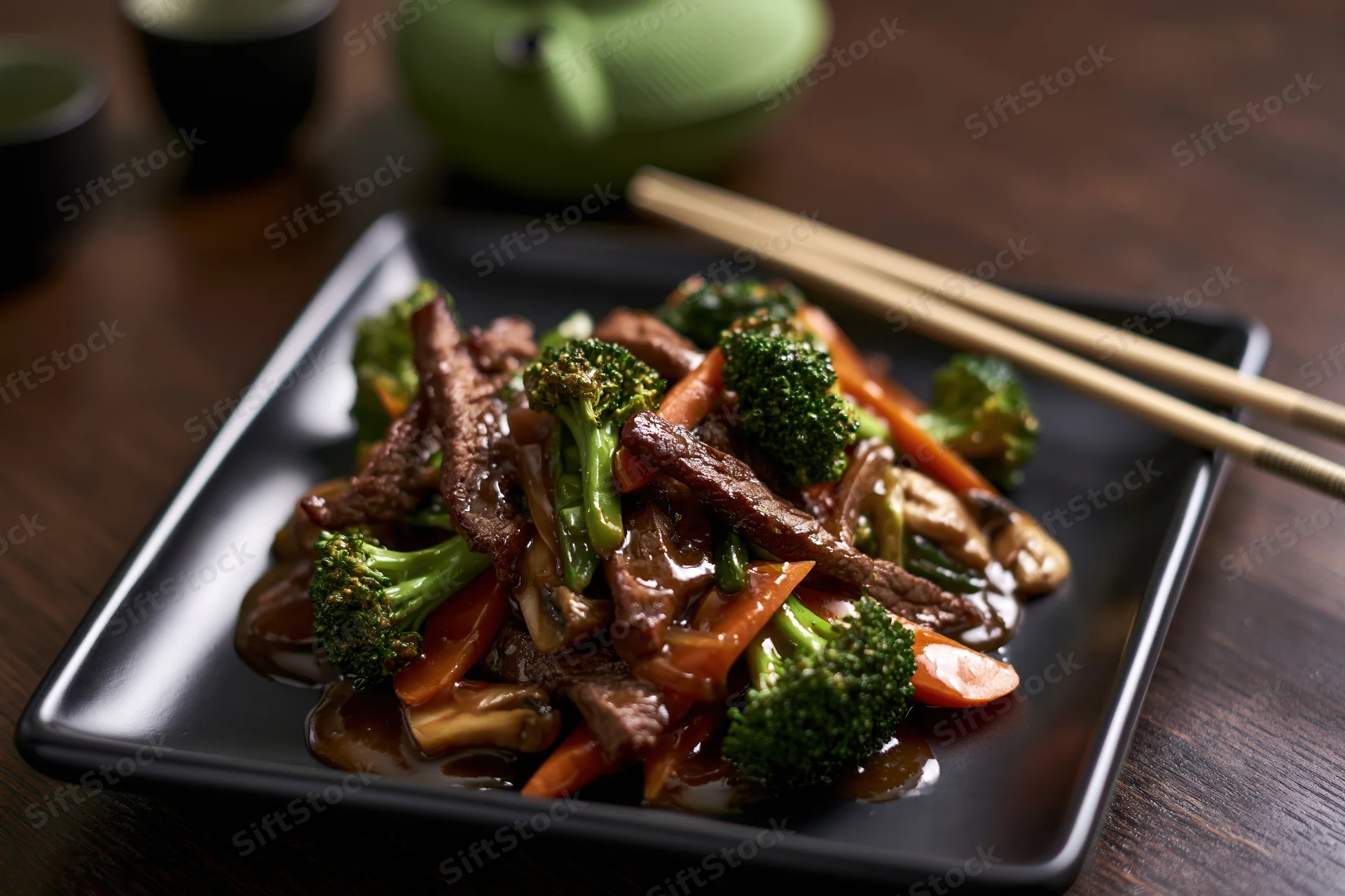 Beef and vegetable stir-fry served on a square black ceramic plate with chopsticks on a dark wooden table