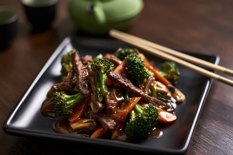 Beef and vegetable stir-fry served on a square black ceramic plate with chopsticks on a dark wooden table