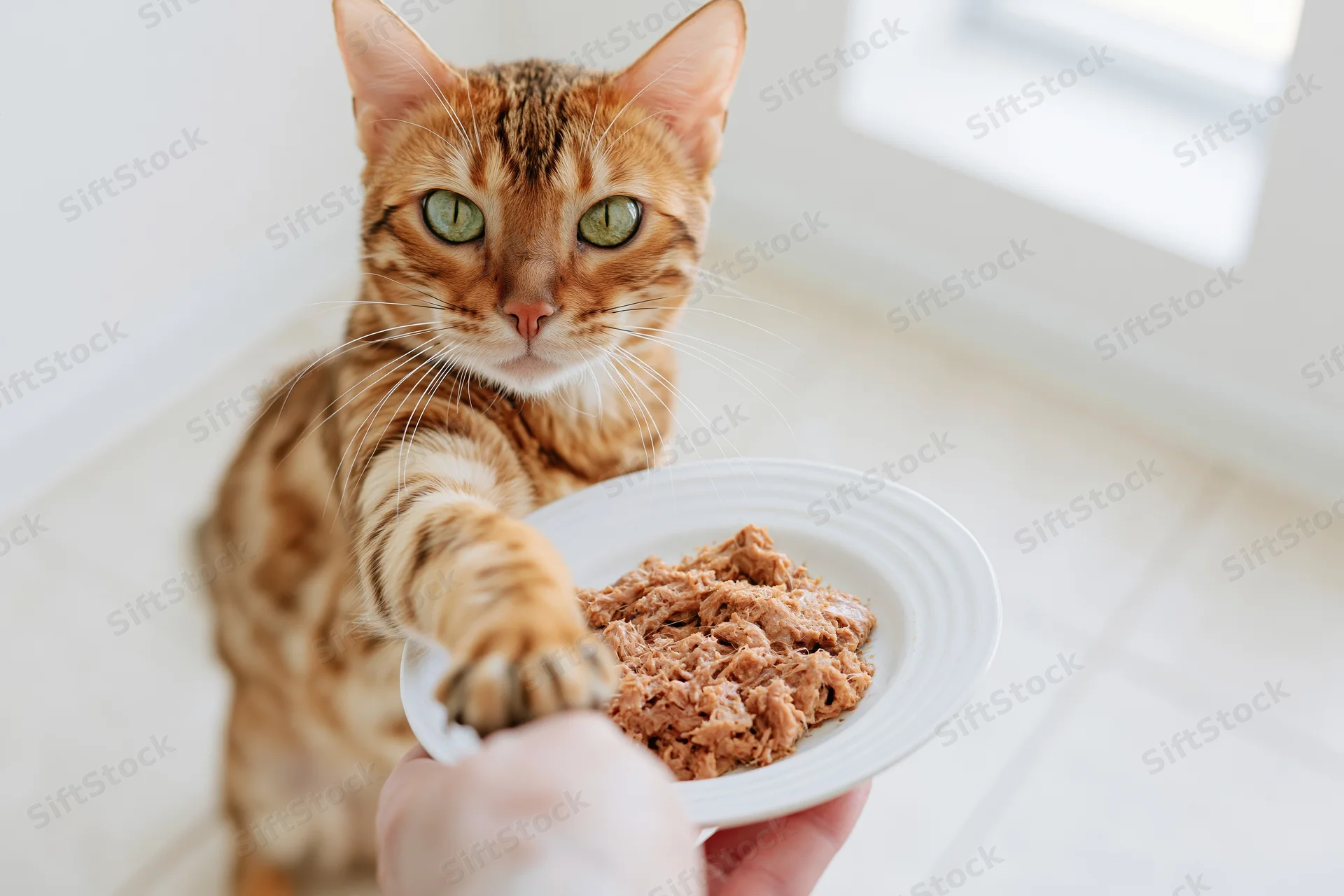 Bengal cat reaching paw onto plate of wet catfood held by hand indoors