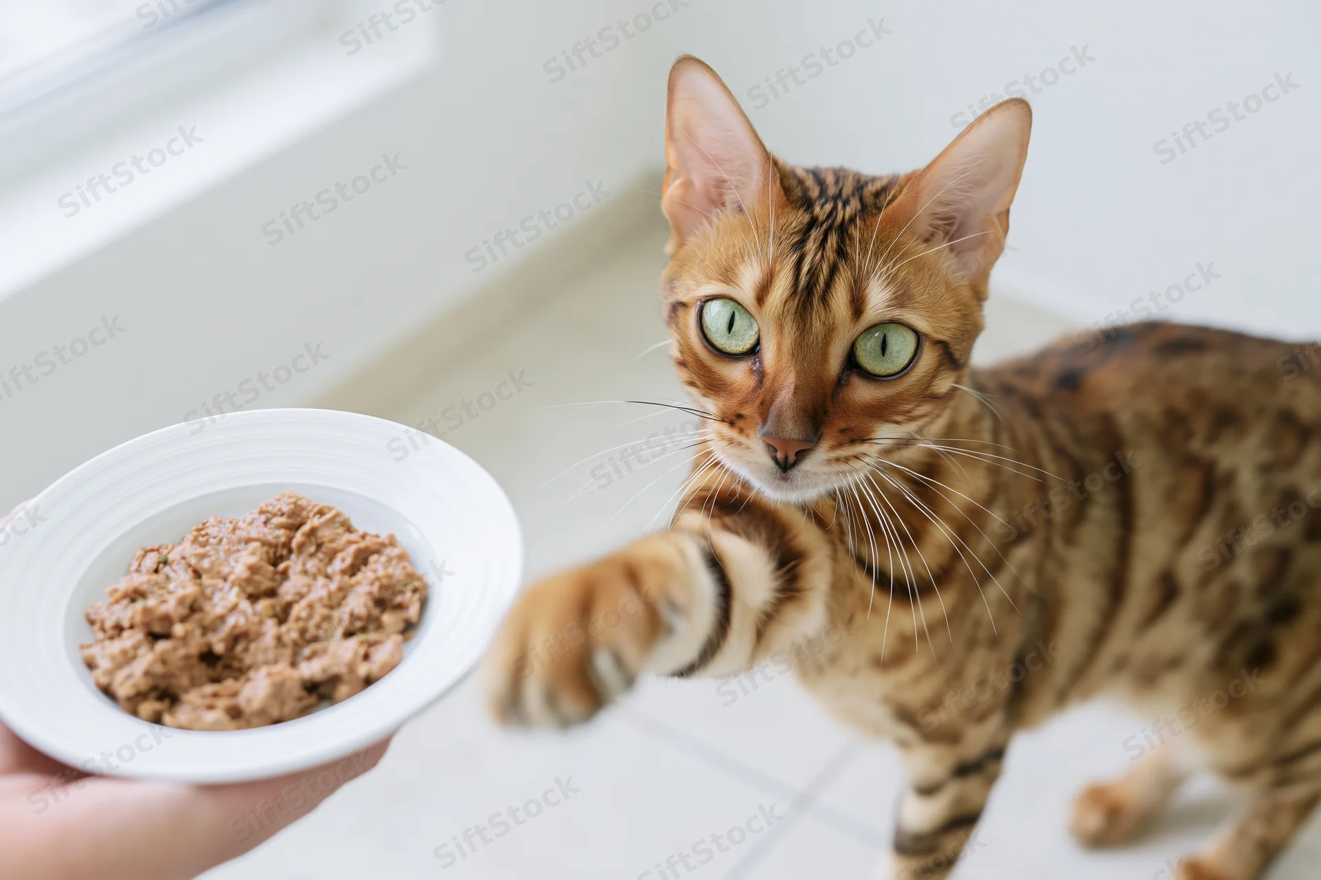 Bengal cat reaching paw toward white bowl of wet food held by hand indoors