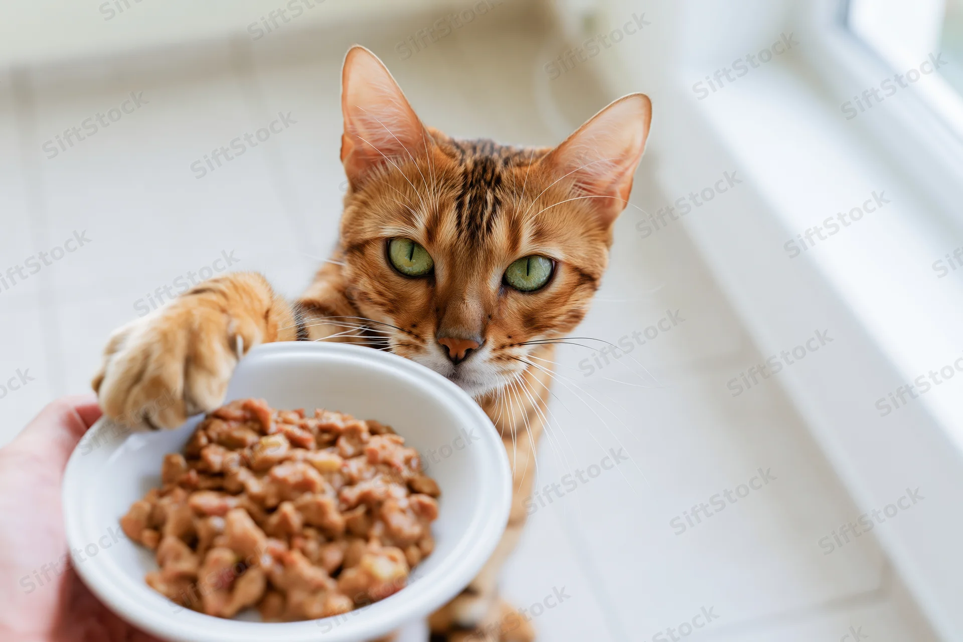 Bengal cat reaching paw onto white bowl of wet food held by hand near window