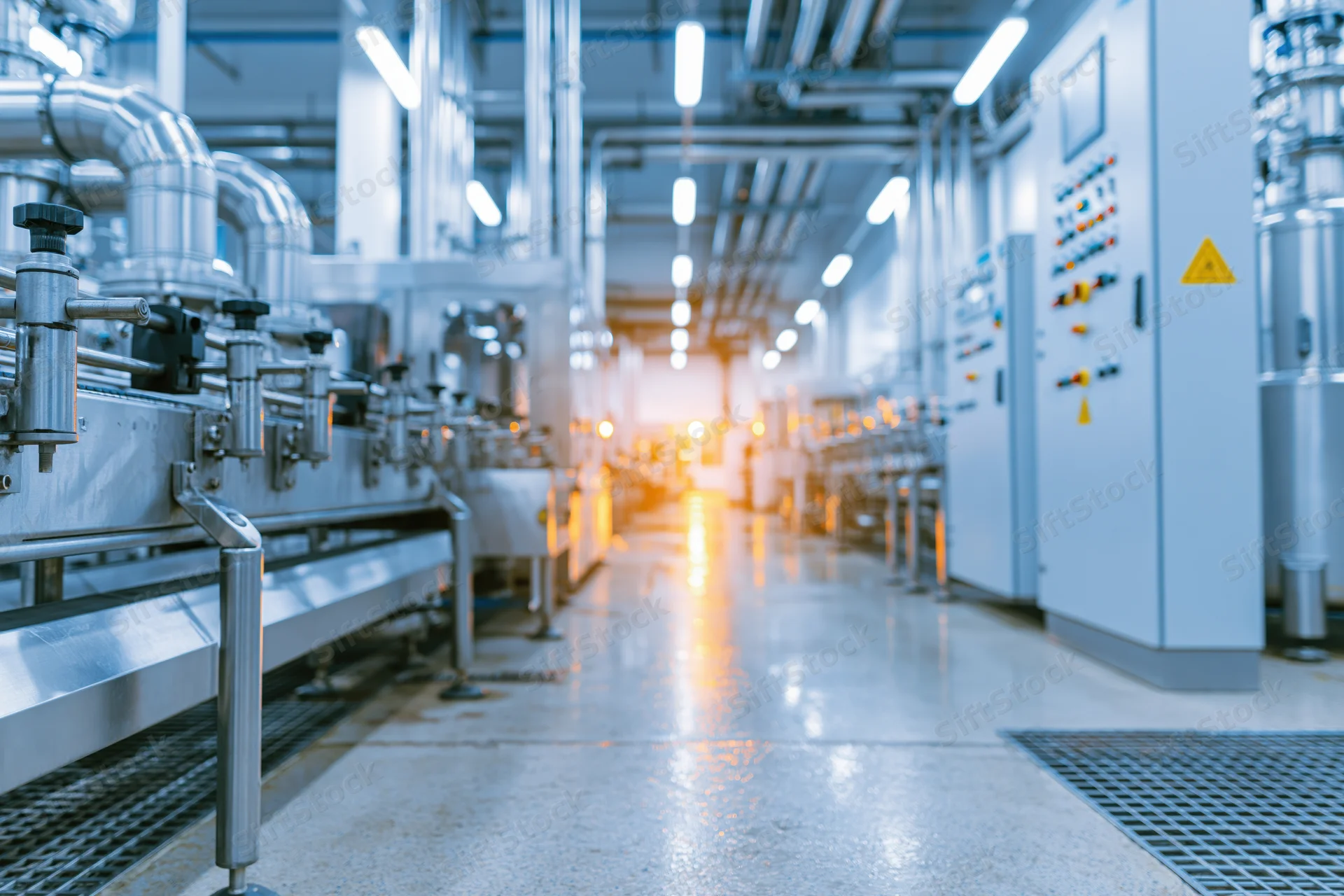 Interior of a beverage bottling facility showing automated conveyor system and stainless steel machinery