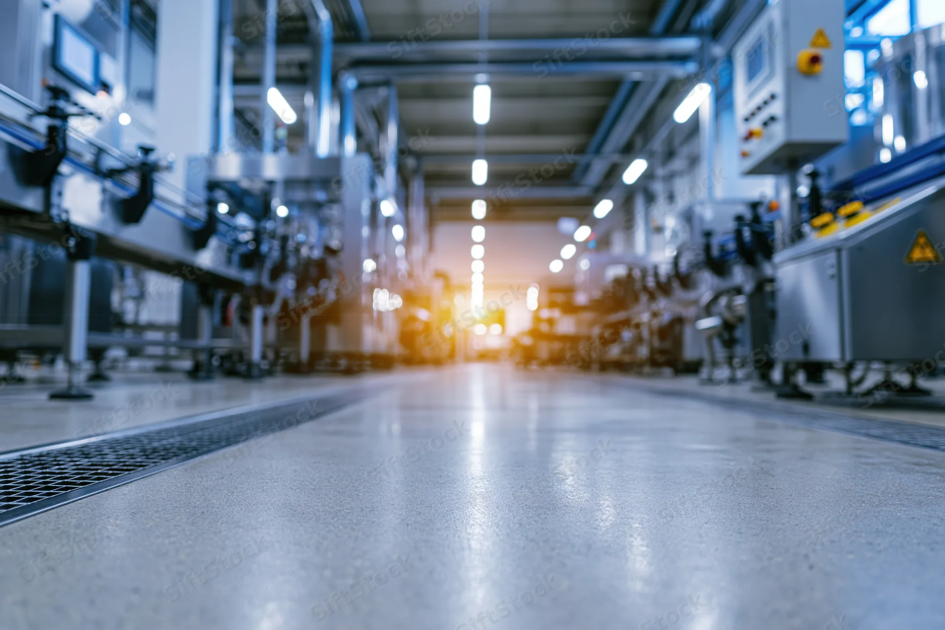 Interior of a beverage bottling factory with automated conveyor line and industrial machinery