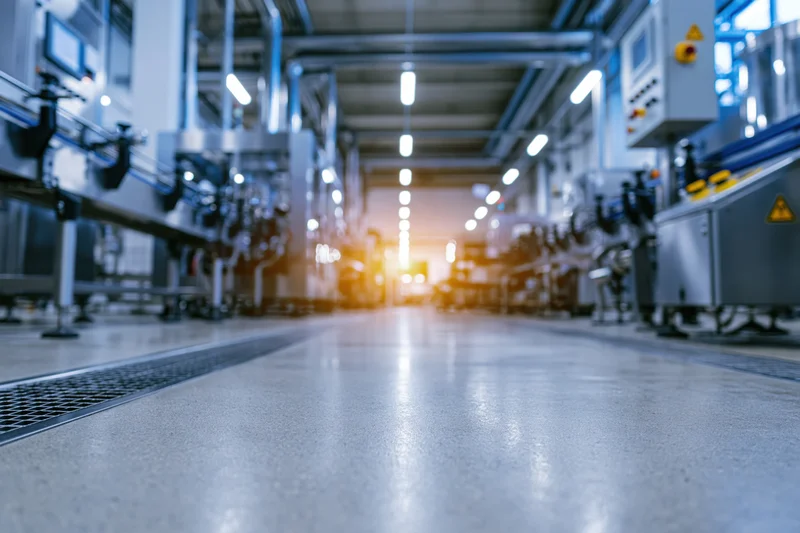 Interior of a beverage bottling factory with automated conveyor line and industrial machinery