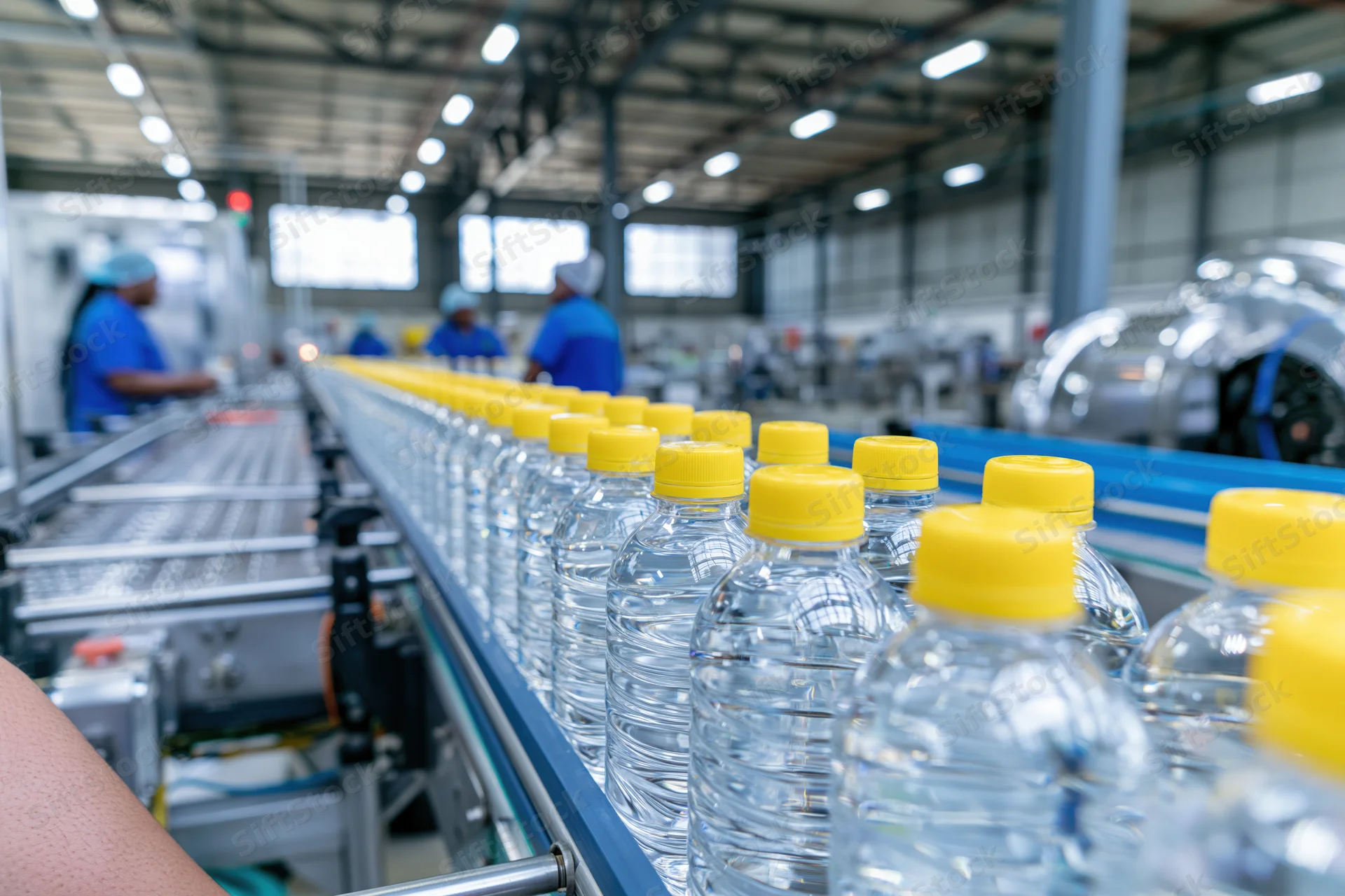 Clear plastic water bottles with yellow caps moving along conveyor belt in beverage factory with workers in blue uniforms and head covers in background