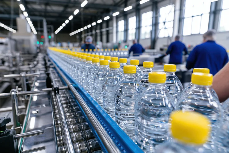 Clear plastic water bottles moving along conveyor belt in beverage factory interior