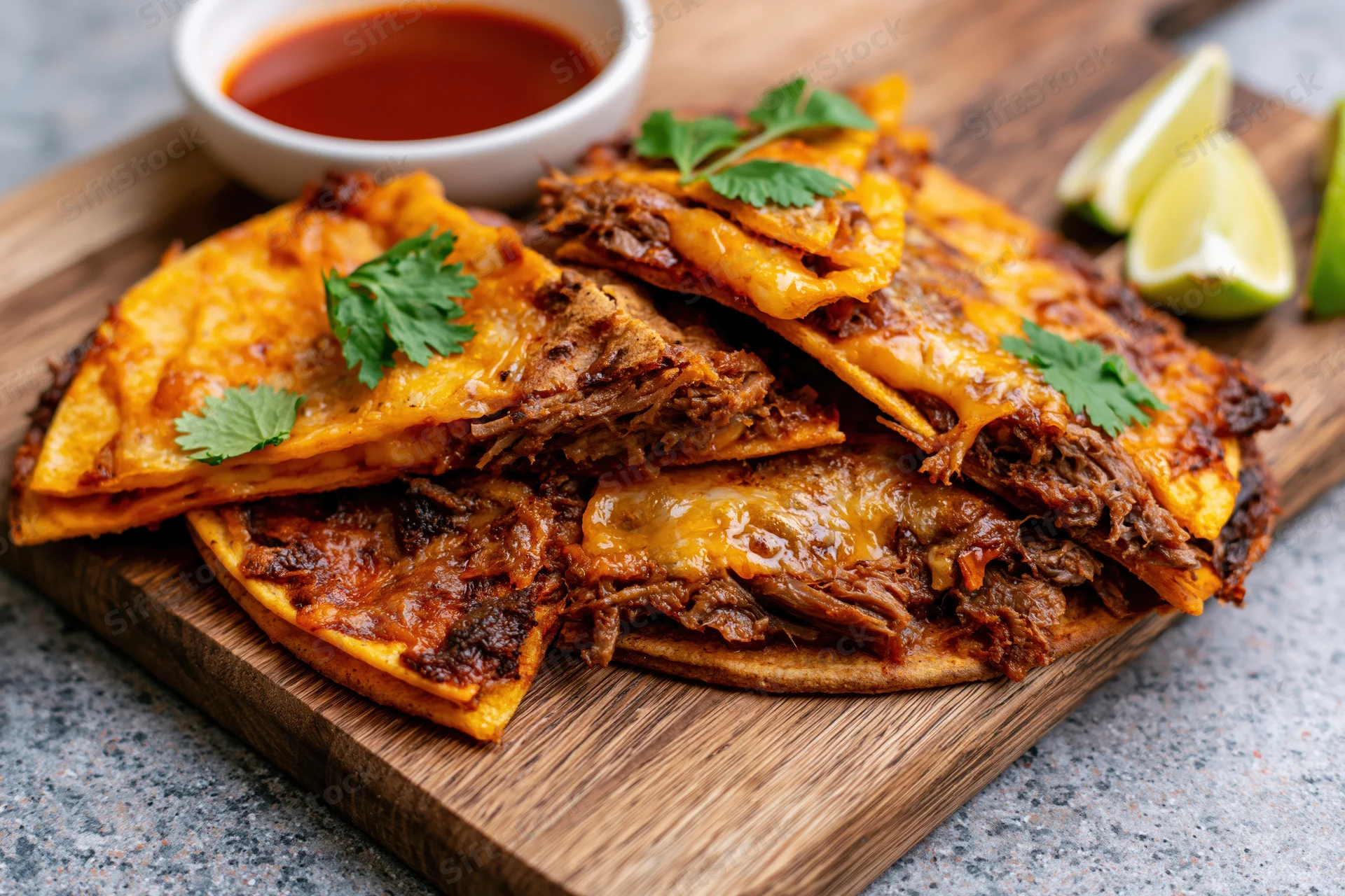 Birria quesatacos cut and stacked on a wooden cutting board