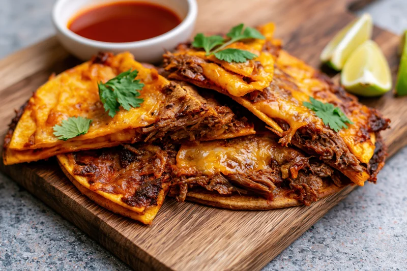 Birria quesatacos cut and stacked on a rustic wooden cutting board with sauce and lime wedges