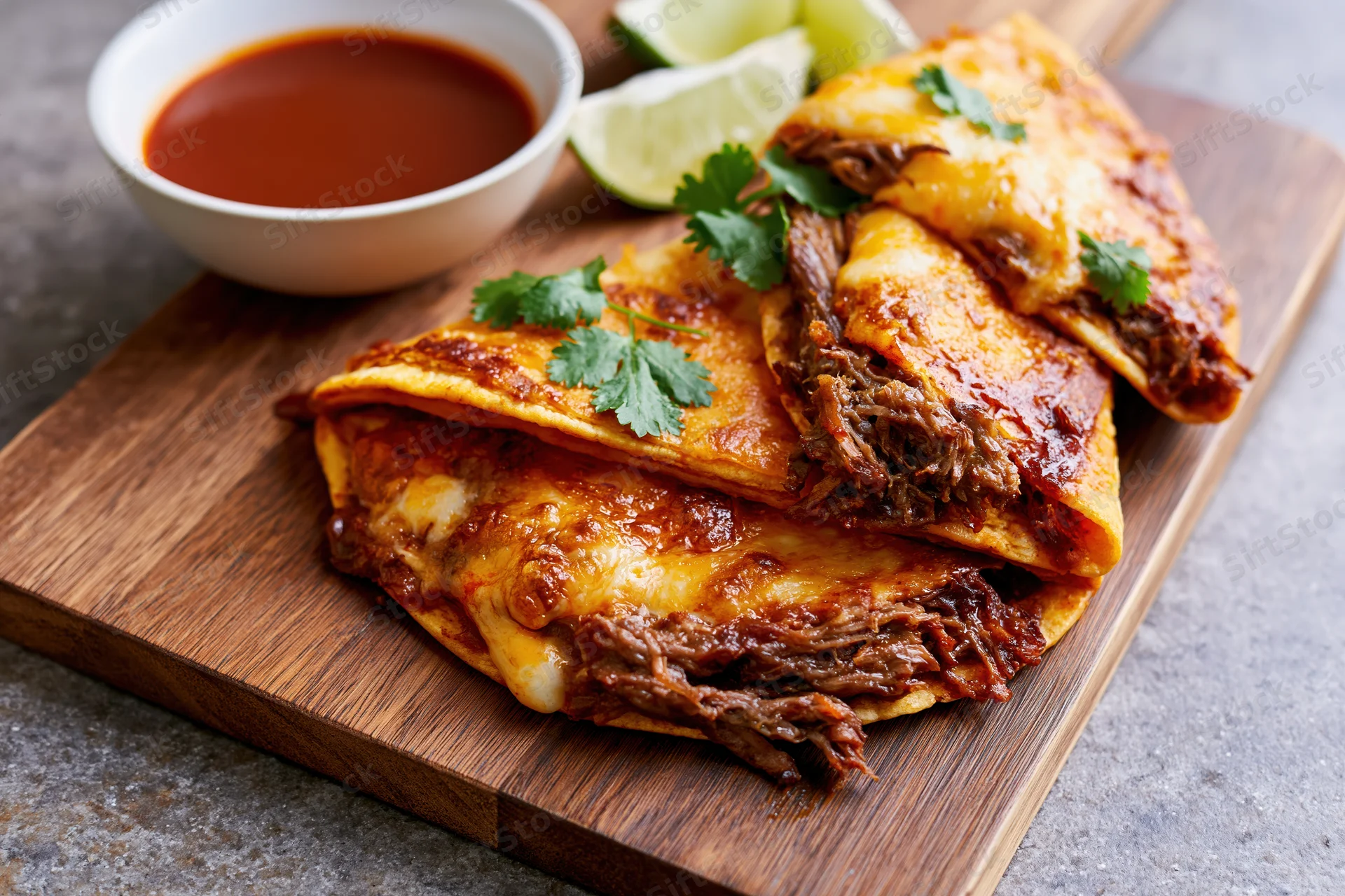 Birria quesatacos stacked on a wooden cutting board with sauce and lime garnish