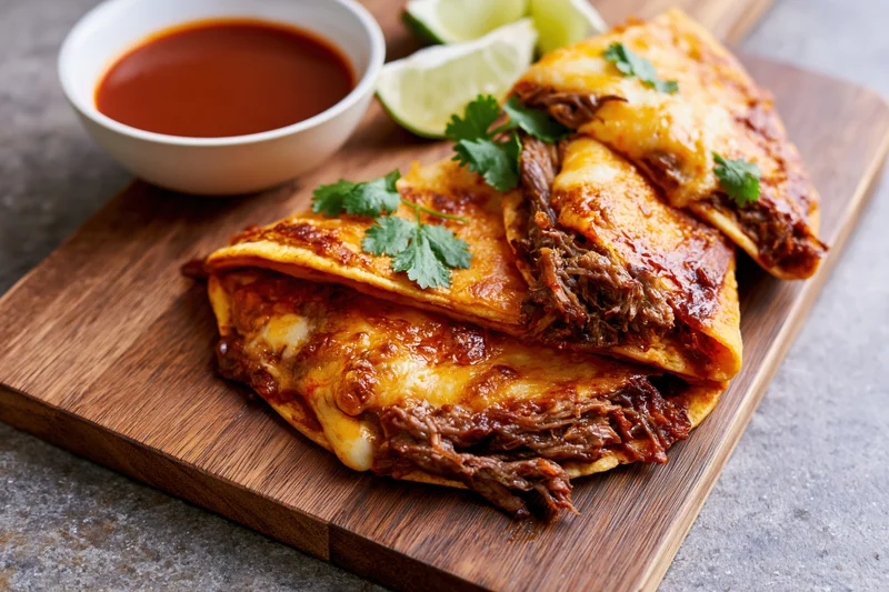 Birria quesatacos stacked on a wooden cutting board with sauce and lime garnish