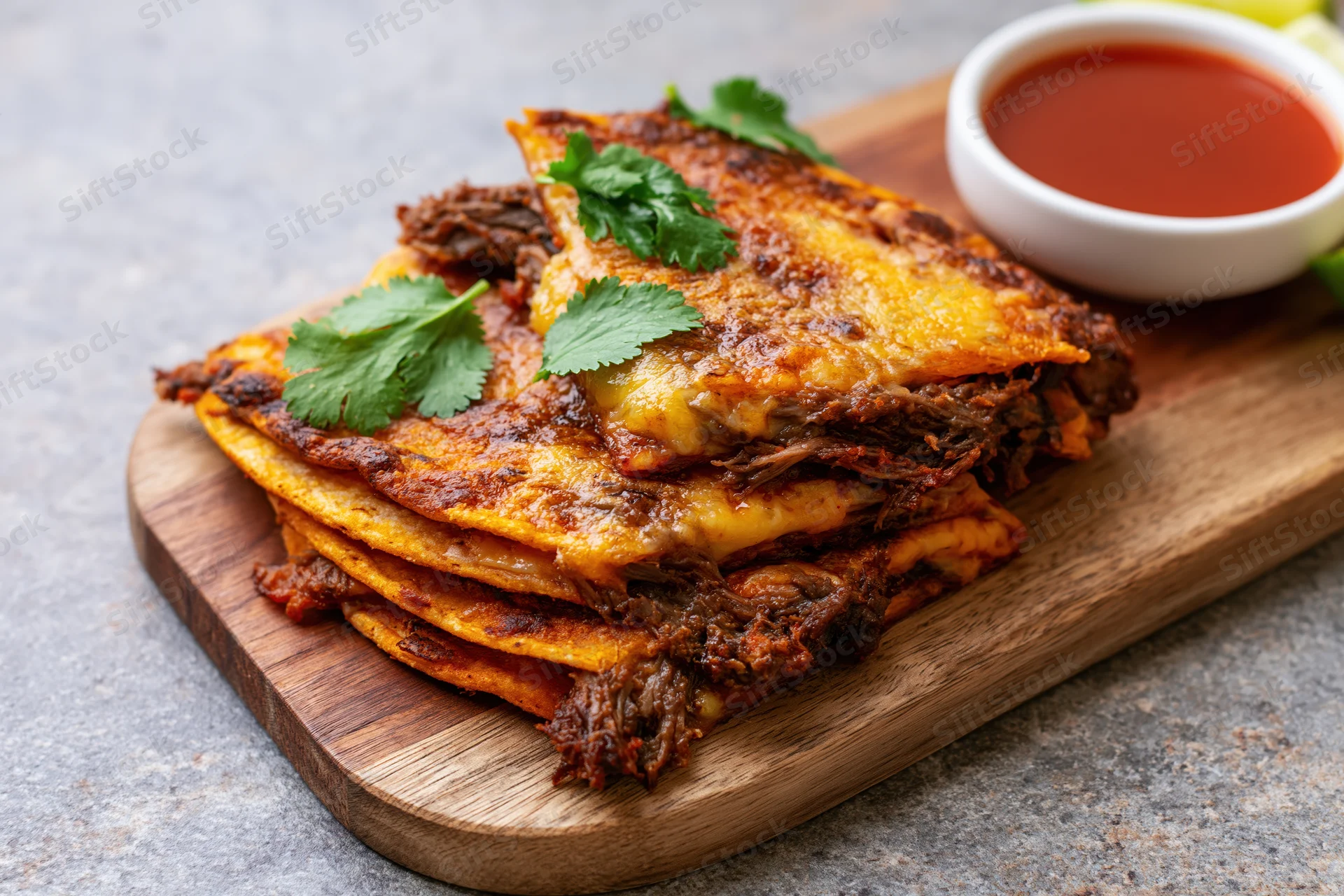 Birria quesatacos stacked on a wooden cutting board with cilantro and red sauce