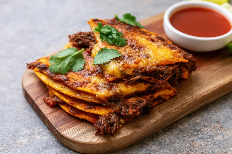 Birria quesatacos stacked on a wooden cutting board with cilantro and red sauce