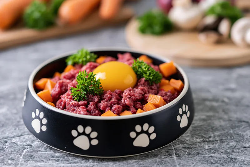 Black ceramic pet bowl with white paw prints filled with raw meat, carrots, egg and parsley on gray countertop