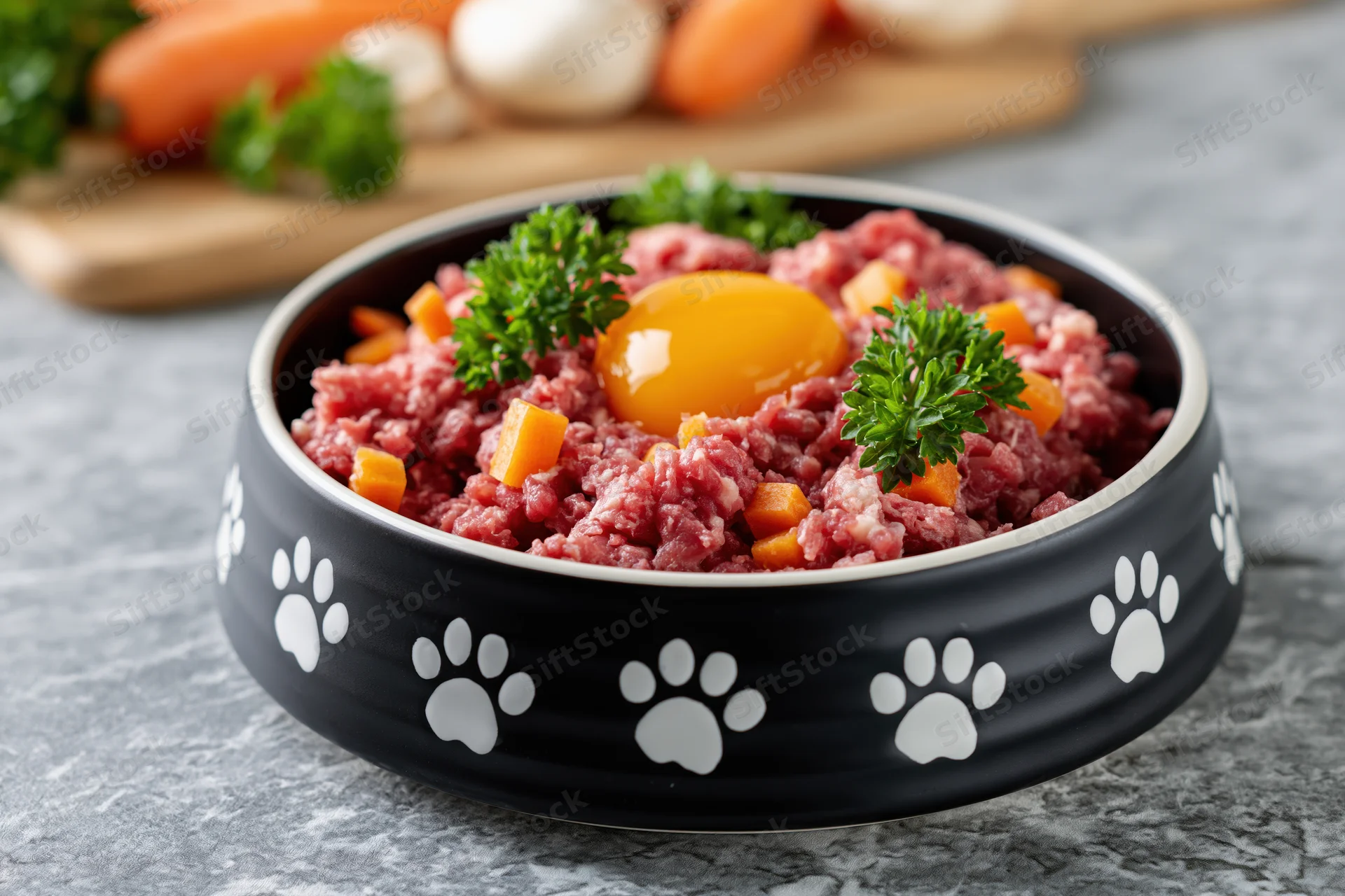Black ceramic pet bowl with white paw prints filled with raw meat, egg, carrots and parsley on gray countertop