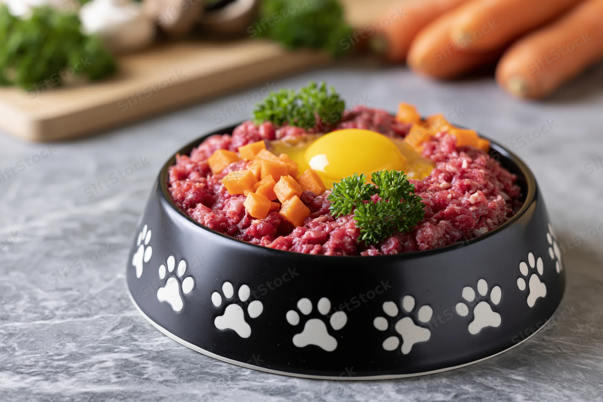 Black ceramic pet bowl with white paw prints filled with raw ground beef, egg, diced carrot and parsley garnish on gray countertop