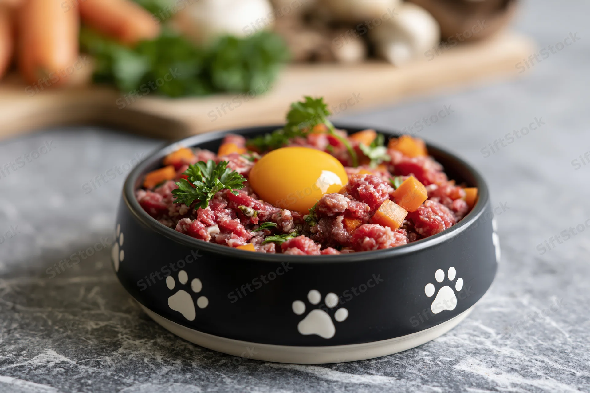 Raw meat and egg meal in a black ceramic pet bowl with white paw prints on a gray countertop