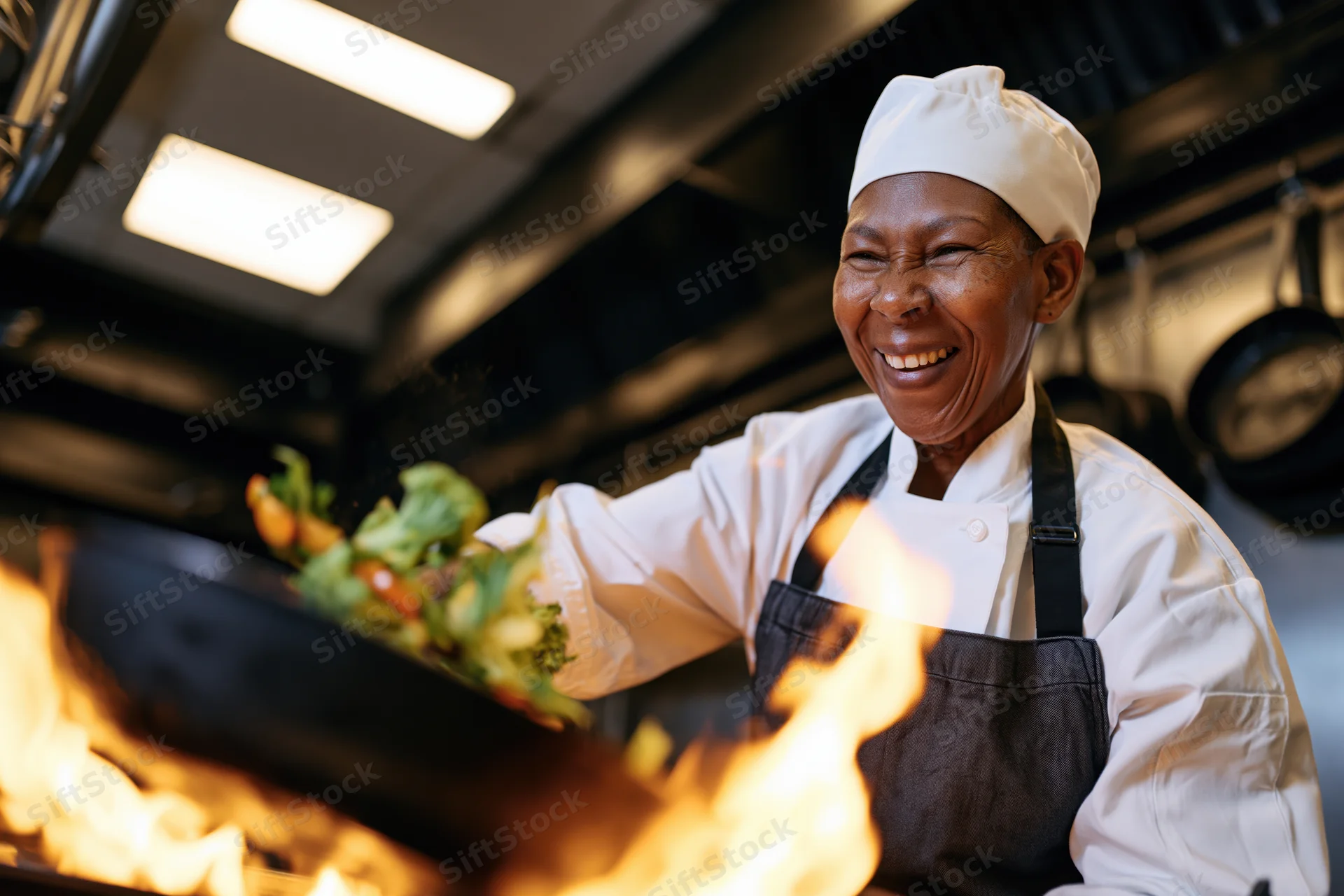 Black female chef smiling while tossing vegetables in a flaming pan in a commercial kitchen