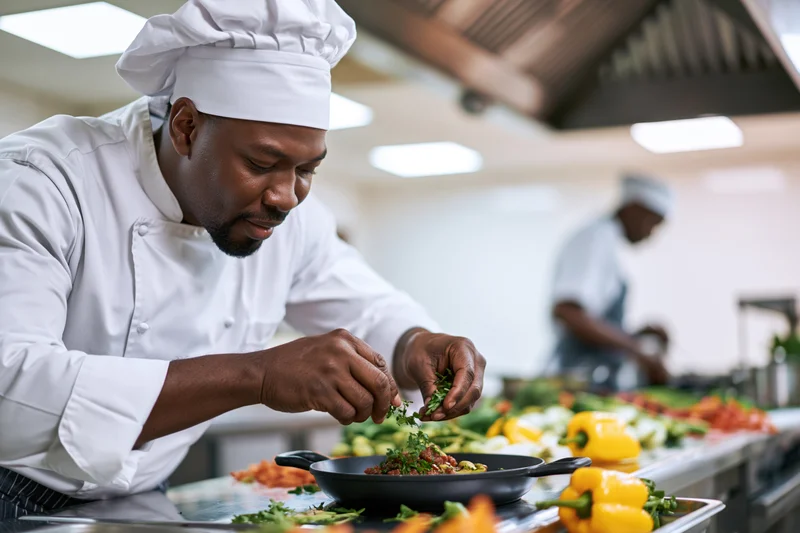 Black male chef plating a dish with fresh herbs in a commercial kitchen