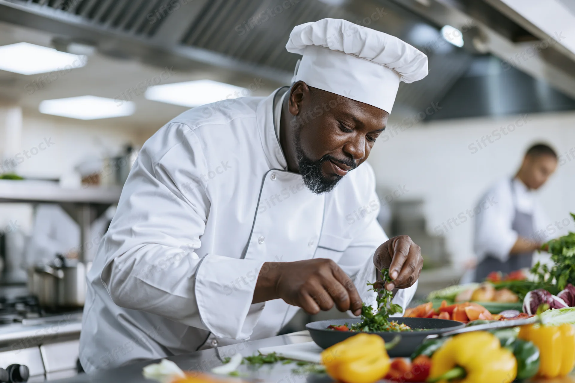 Black male chef plating a dish with fresh herbs and vegetables in a professional kitchen